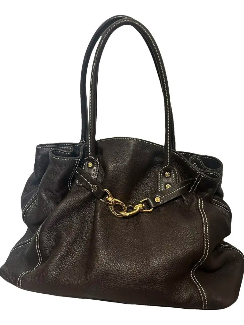 Celine double gold clasp espresso Leather Shoulder Bag work tote